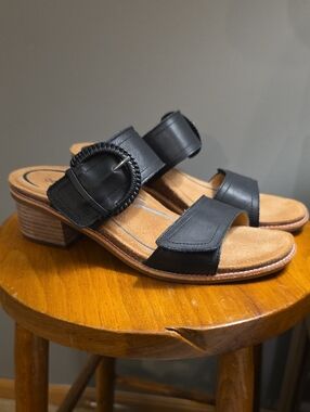Aetrex Tatiana Women's 9 Black Leather Double Strap Block Heel Slide Sandal